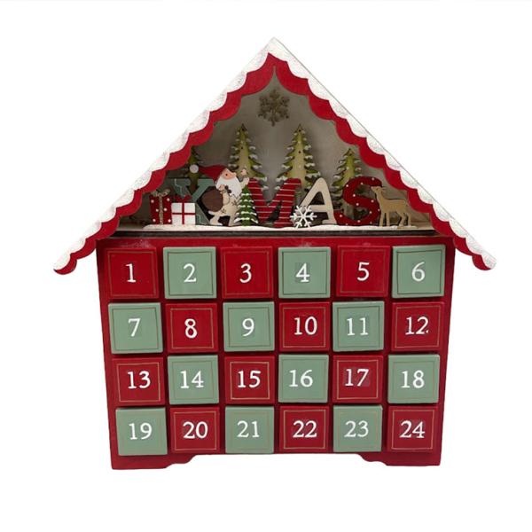 LEDクリスマスアドベントカレンダーハウス レッド グリーン 雑貨 置物 装飾 飾り 木製 かわいい...