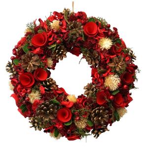 ナチュラルクリスマスリース 20cm レッド Ｍサイズ  ナチュラルリース 玄関 おしゃれ 北欧 造花 赤 壁掛け 松ぼっくり 送料無料 豪華｜kobe-craft