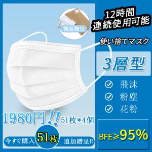 【特典☆５１枚追加贈呈】マスク 在庫あり 国内発送 風邪 飛沫防止 51枚*4個 不織布 使い捨てマスク 男女兼用 花粉症 ほこり 痛くならない 3層