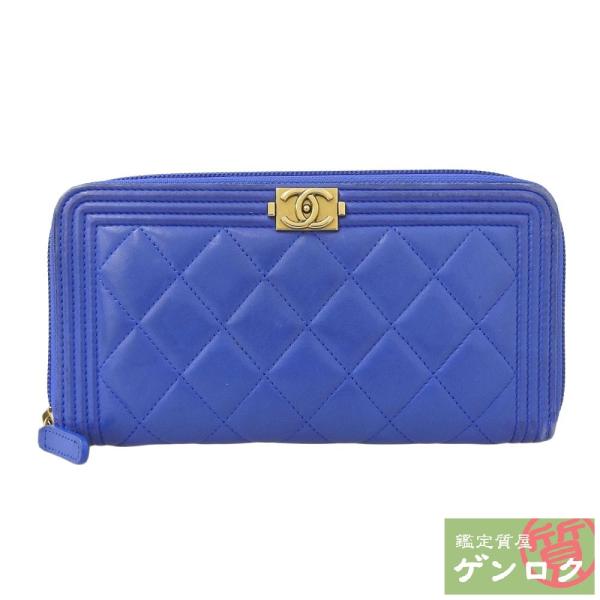 【中古】シャネル ボーイシャネル ラウンドファスナー ウォレット 長財布 21番台 レザー ブルー ...