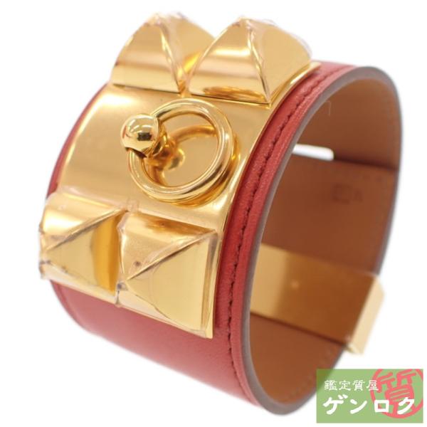 【中古】エルメス コリエ・ド・シアン バングル レザー レッド 赤 オレンジ ゴールド金具 □R刻印...