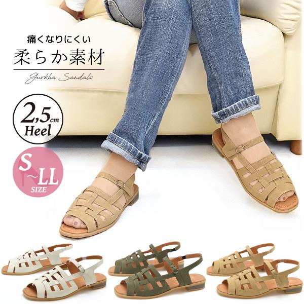 グルカサンダル レディース 歩きやすい ぺたんこ ストラップ 軽量 履きやすい 痛くない ゴムベルト...