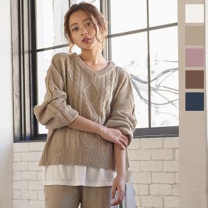 トップス ニット ケーブル ゆったり Vネック バルーン袖 大きい ざっくり 秋 冬 レディース C3852