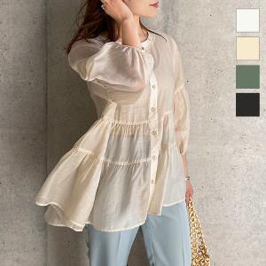 ブラウス シアー 透け感 体型カバー スタンドカラー