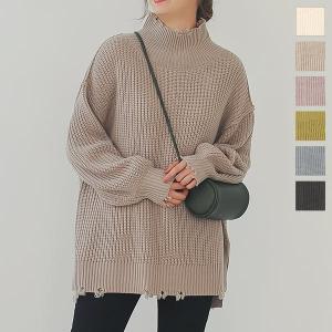 ニット トップス レディース セーター ゆったり 体型カバー ハイネック 長袖 クラッシュ ダメージ C5173