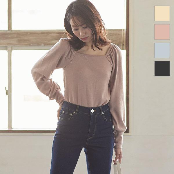 ニット トップス レディース ぽわん袖 春 長袖 スクエアネック ボリューム袖 C5246