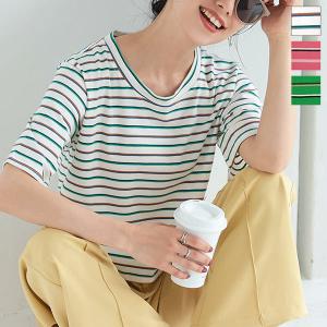 Tシャツ 半袖 トップス クロップド丈 柄 ボーダー ヘルシー ショート丈 カジュアル ミニ アクセントカラー 緑 C6218｜kobelettuce