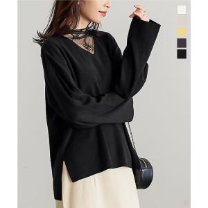 ニット トップス レディース 長袖 セーター Vネック ゆったり オフィスカジュアル スリット きれいめ 白 黒 C6255