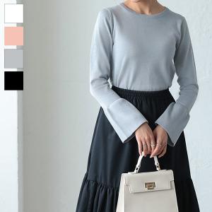 ニット レディース トップス 秋 薄手 フレアスリーブ シンプル ベーシック オフィスカジュアル 着回し 長袖 C6478