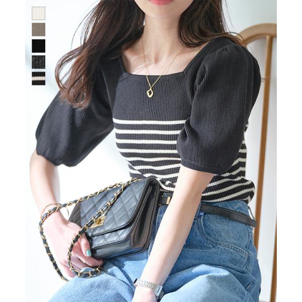 ニット モックネックorスクエアネックぽわんスリーブニットトップス レディース 20代 30代 40...