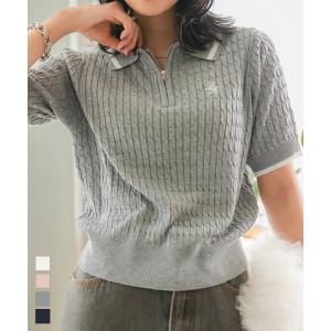 日替わりセール トップス 半袖 ニット サマーニット ハーフジップ 30代 40代 50代 刺繍 ロゴ ワンポイント C7172送料無料｜kobelettuce