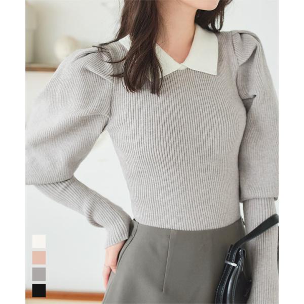 ニット レディース セーター ぽわん袖 トップス 襟付き 長袖 ボリュームスリーブ 40代 50代 ...