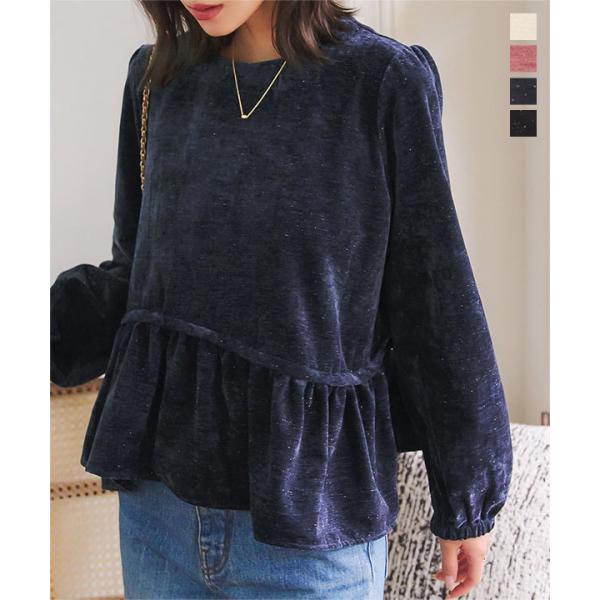トップス レディース 40代 上品 きれいめ ペプラムトップス 長袖 ベロア ラメトップス 50代 ...