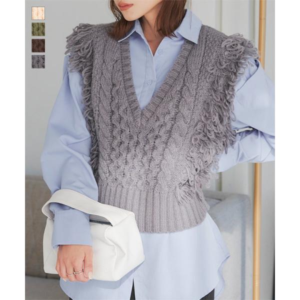 ニットベスト レディース コーデ 40代 Vネック ベスト 秋冬 ケーブルニットベスト フリンジベス...