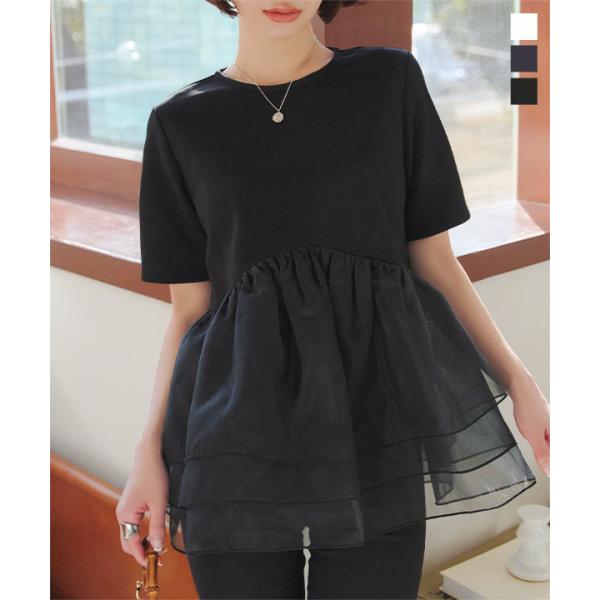 トップス レディース Tシャツ ペプラム オーガンジー 40代 30代 50代 ポンチ ブラウス C...