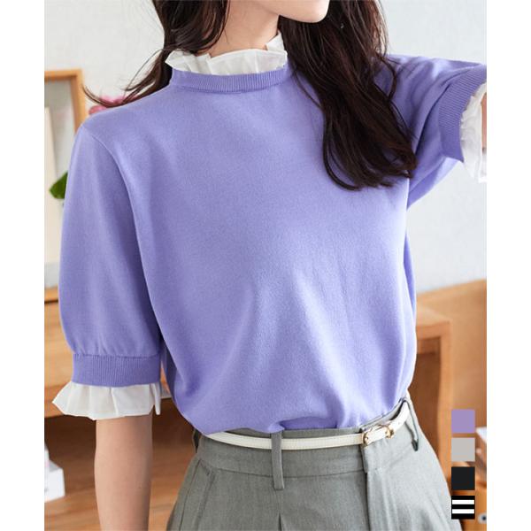 トップス レディース サマーニット 半袖 5分袖 シャツ レイヤード風 40代 30代 50代 ニッ...