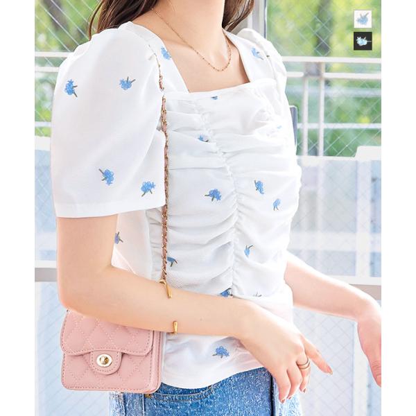 トップス レディース 花柄 40代 上品 半袖 スクエアネック シャーリング フラワー刺繍 プルオー...