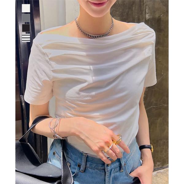 tシャツ レディース 半袖 オフショルダー トップス ドレープトップス カットソー 50代 40代 ...
