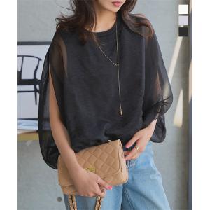 トップス ブラウス レディース 50代 40代 ノースリーブ 二の腕カバー カットソー シアー 大人 きれいめ オーガンジー 透け C7594