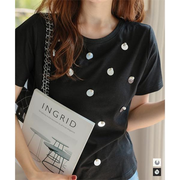 tシャツ レディース 半袖 ティーシャツ トップス 夏 白 黒 50代 40代 綿混 パール クルー...