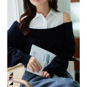 ニット トップス レディース オフショル シャツ レイヤード風 セーター ブラウス C7679