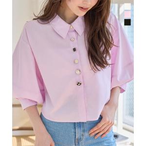 シャツ レディース 長袖 ショート丈 ブラウス ボリューム袖 ボリュームスリーブ トップス パール 白 C7779