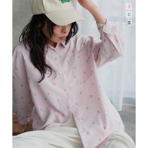 シャツ レディース ストライプ 長袖 春夏 刺しゅう 羽織り 袖口フリル 40代 トップス 刺繍 C7784