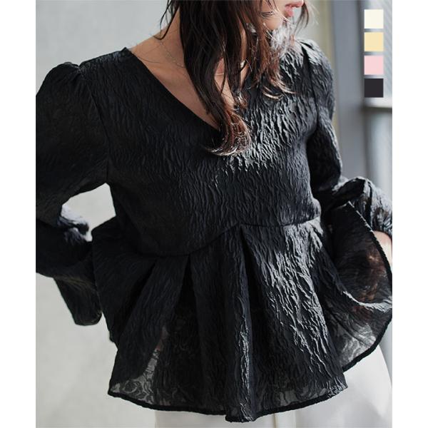 日替わりセール ブラウス 長袖 レディース シアー ジャガード Vネック ペプラム 白 春 トップス...