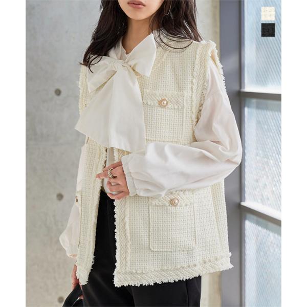 ベスト レディース アウター ツイード ジレ 50代 40代 白 黒 セレモニー 入卒園式 金ボタン...