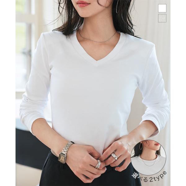 ロンT レディース Vネック クルーネック 40代 50代 白 美ライン オフィスカジュアル 肩パッ...