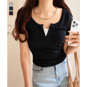 カップ付き tシャツ ヘンリーネック 半袖 トップス レディース 夏 レイヤード風トップス 40代 50代 C7968