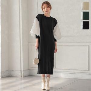 ワンピース ニットワンピース レディース ゆったり 体型カバー シャツスリーブ 異素材 デイリー E2822