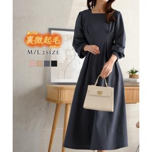 ワンピース 裏微起毛レディース 40代 50代 30代 スクエアネック ハイウエスト E3344