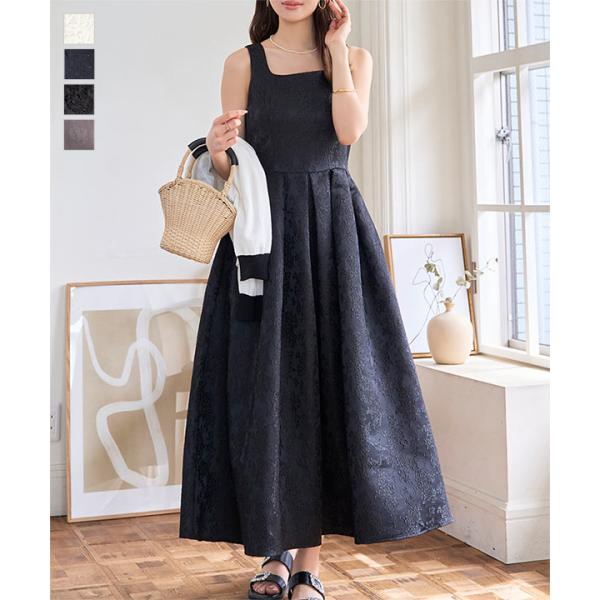 ワンピース ドレス きれいめ ジャガード スクエアネック フレア 白 黒 ノースリーブ レイヤード ...