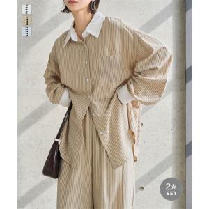 セットアップ レディース 50代 シャツ ストライプ ストライプシャツ 長袖 ワイドパンツ 40代 パンツ E3576送料無料