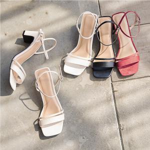 サンダル レディース シューズ 夏 ヒール ストラップ アンクルストラップ スクエアトゥ I2291