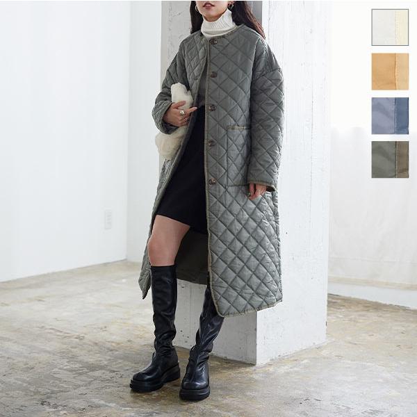 コート キルティングコート レディース アウター 秋 冬 羽織り 長袖 膝下 軽量 軽い パイピング...
