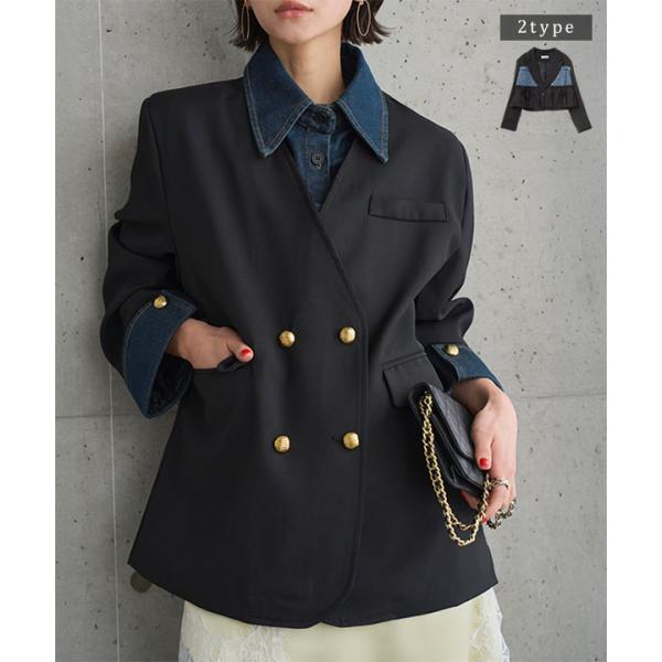 ジャケット レディース 長袖 ロング ショート アウター デニムドッキングジャケット 黒 ダブルボタ...