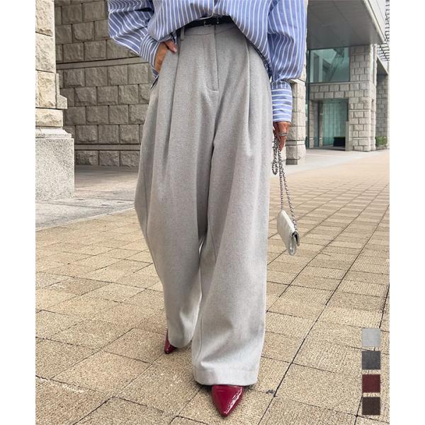 ワイドパンツ レディース 秋 タック フェイクウール 30代 40代 50代 ボトム パンツ ロング...