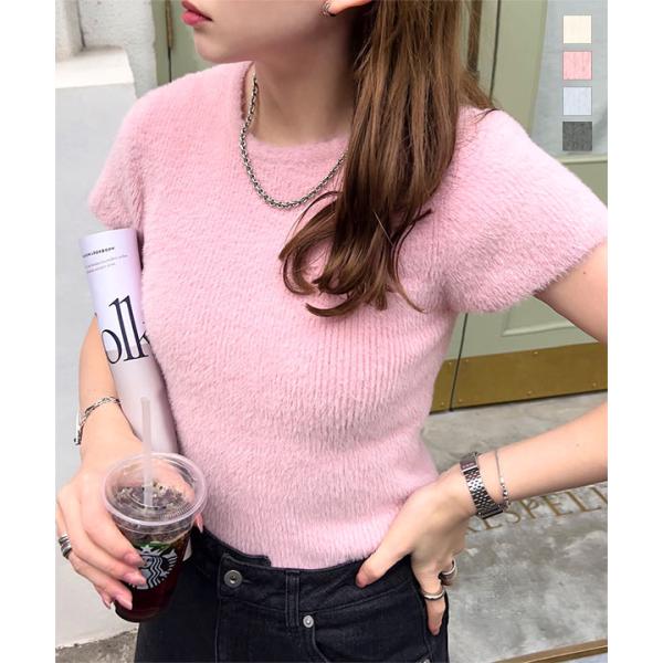 ニット 半袖 レディース 半袖セーター トップス 40代 上品 ショートスリーブ ミンクタッチ 50...
