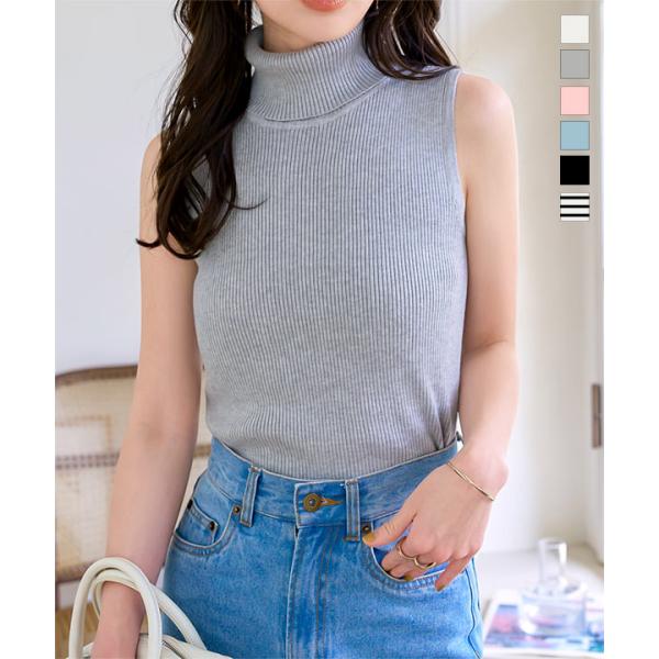 トップス レディース ニット タートルネック ノースリーブ リブ 30代 40代 50代 ノースリ ...