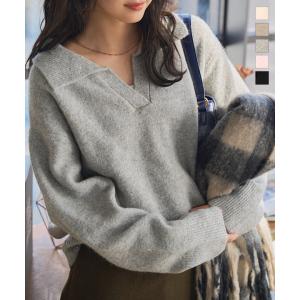 ニット レディース 長袖 秋 冬 スキッパー 40代 50代 30代 セーター プルオーバー もっちり 襟 衿 メランジ Vネック N1231