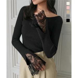 日替わりセール ニット トップス レディース 40代 リブ レース ボートネック 長袖 袖口レース N1287送料無料