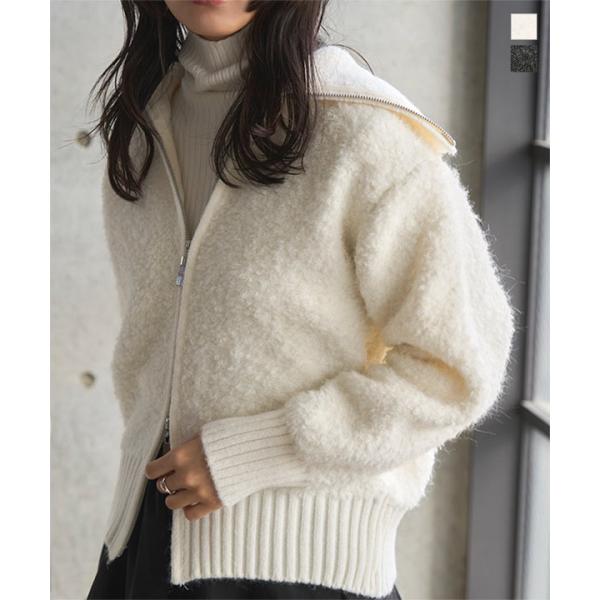 カーディガン ニット レディース ダブルジップ アウター 50代 40代 ブルゾン ボア ワイドカラ...