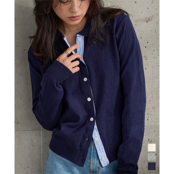 カーディガン レディース きれいめ ポロニット ニット トップス セーター 長袖 ストライプ切替 5...