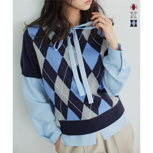 トップス レディース 40代 上品 ニット 半袖 アーガイル セーター サマーニット 半袖ニット 5...