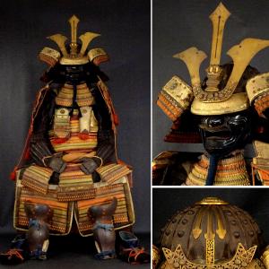 敬逢 大名品 鉄錆地十六間二方白大円山大星兜 鉄切小札橙色々絲縅胴 総鉄地造 大鎧 甲冑 将軍鎧兜 鎧櫃付