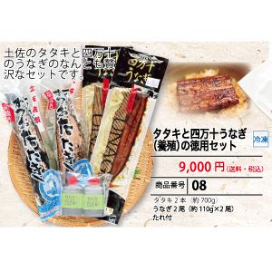 送料無料！高知の藁焼き鰹たたき2本・四万十うなぎ（養殖）2尾の徳用セット：1本釣りであげられた鰹を秘...