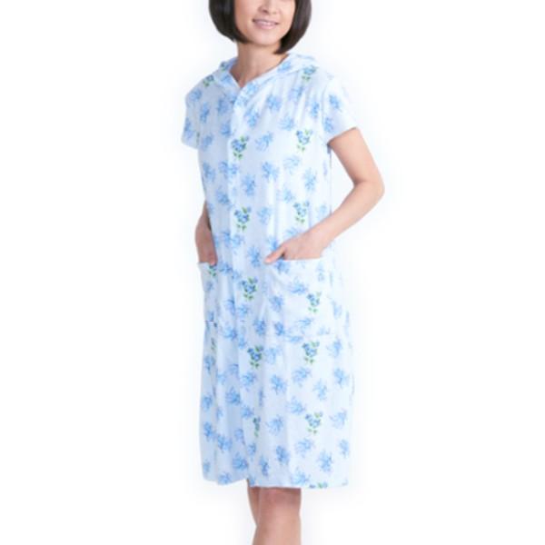 レディース 部屋着 フード付タオル地ドレス(ブルー)