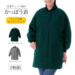 レディース エプロン かっぽう着 家事 ポケット付 長袖 チェック柄キッチンウェア 2柄組